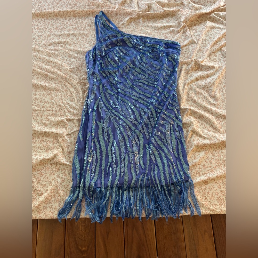 Elegant Asymmetrical Blue Sequin Dress